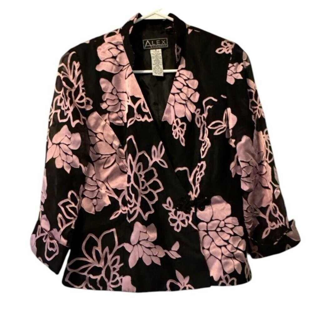 Alex Evenings Size Small  Dressy Black‎ Pink Floral Wrap Look Jacket Top Formal